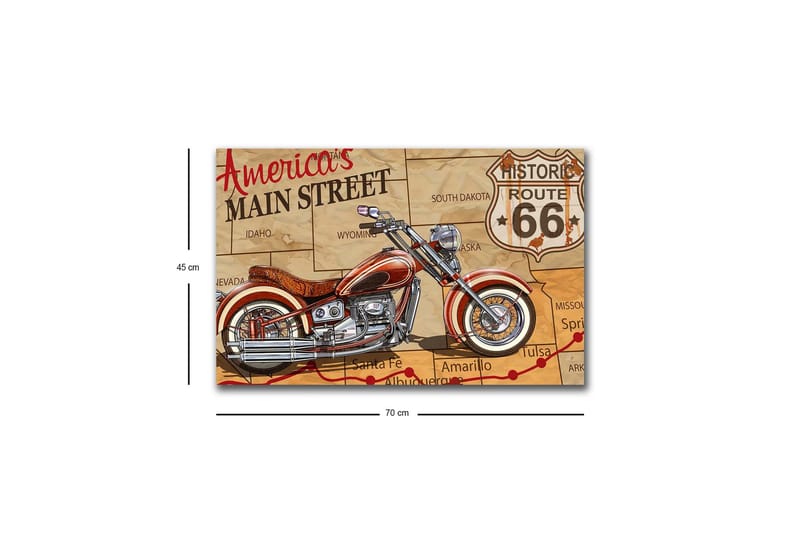 Canvastavla med LED-belysning - Motorcykel på en karta över Route 66 - Röd / Beige / Svart - Inredning - Tavlor & posters - Canvastavla