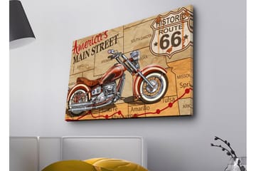 Canvastavla med LED-belysning - Motorcykel på en karta över Route 66 - Röd / Beige / Svart - Inredning - Tavlor & posters - Canvastavla