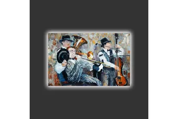 Canvastavla med LED-belysning - Musikaliskt framträdande med tre spelande musiker - Mörkblå / Orange / Vit - Inredning - Tavlor & posters - Canvastavla