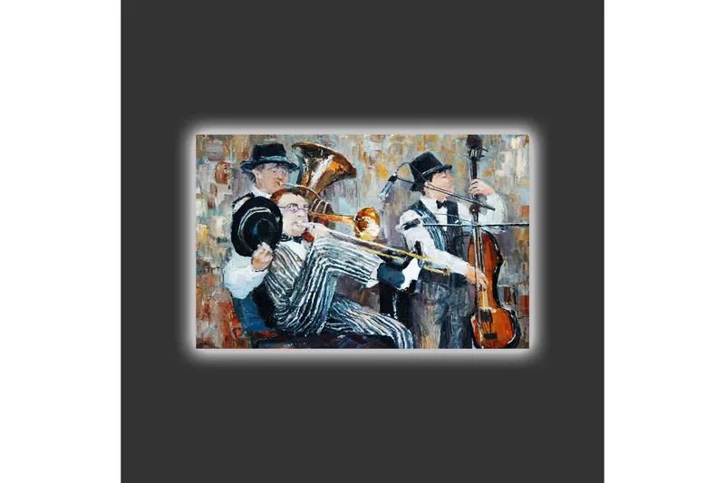 Canvastavla med LED-belysning - Musikaliskt framträdande med tre spelande musiker - Mörkblå / Orange / Vit - Inredning - Tavlor & posters - Canvastavla