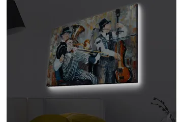 Canvastavla med LED-belysning - Musikaliskt framträdande med tre spelande musiker - Mörkblå / Orange / Vit - Inredning - Tavlor & posters - Canvastavla