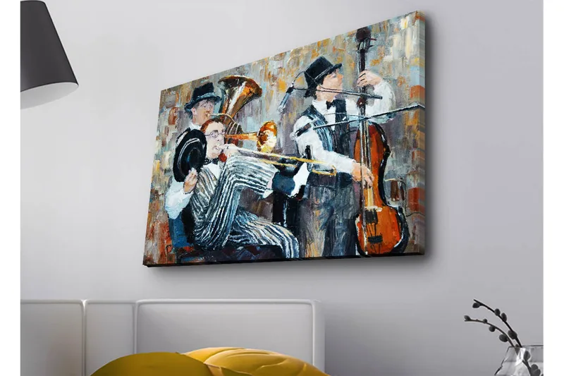 Canvastavla med LED-belysning - Musikaliskt framträdande med tre spelande musiker, Mörkblå / Orange / Vit