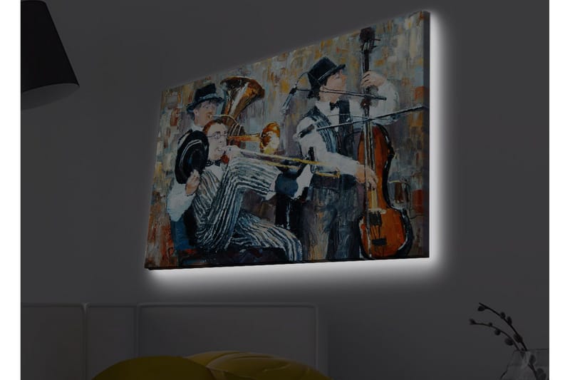 Canvastavla med LED-belysning - Musikaliskt framträdande med tre spelande musiker - Mörkblå / Orange / Vit - Inredning - Tavlor & posters - Canvastavla