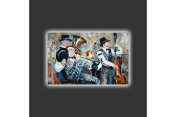 Canvastavla med LED-belysning - Musikaliskt framträdande med tre spelande musiker - Mörkblå / Orange / Vit - Inredning - Tavlor & posters - Canvastavla