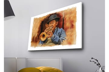 Canvastavla med LED-belysning - Musiker som spelar trumpet med uttrycksfulla drag - Brun / Blå / Beige - Inredning - Tavlor & posters - Canvastavla