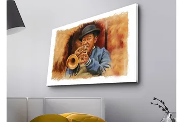 Canvastavla med LED-belysning - Musiker som spelar trumpet med uttrycksfulla drag - Brun / Blå / Beige - Inredning - Tavlor & posters - Canvastavla