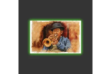 Canvastavla med LED-belysning - Musiker som spelar trumpet med uttrycksfulla drag - Brun / Blå / Beige - Inredning - Tavlor & posters - Canvastavla