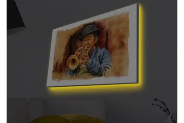 Canvastavla med LED-belysning - Musiker som spelar trumpet med uttrycksfulla drag - Brun / Blå / Beige - Inredning - Tavlor & posters - Canvastavla