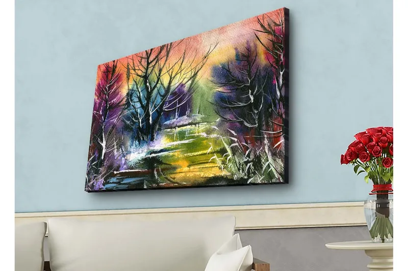 Canvastavla med LED-belysning - Mystisk landskap med silhuetter av träd i skymning - Lila / Grön / Svart - Inredning - Tavlor & posters - Canvastavla