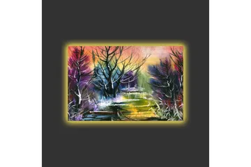 Canvastavla med LED-belysning - Mystisk landskap med silhuetter av träd i skymning - Lila / Grön / Svart - Inredning - Tavlor & posters - Canvastavla