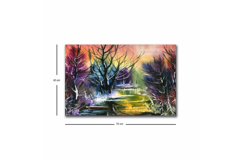 Canvastavla med LED-belysning - Mystisk landskap med silhuetter av träd i skymning - Lila / Grön / Svart - Inredning - Tavlor & posters - Canvastavla