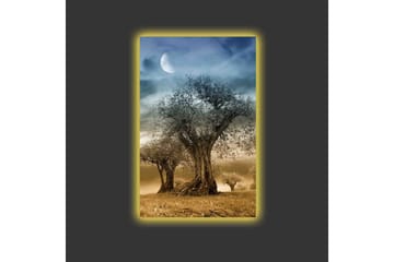 Canvastavla med LED-belysning - Mystisk landskap med silhuetter av träd under en måne - Grå / Brun / Svart - Inredning - Tavlor & posters - Canvastavla
