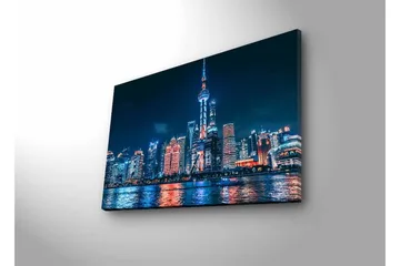 Canvastavla med LED-belysning - Nattlig stadsbild av Shanghai med ljusa skyskrapor och reflektioner i vattnet - Mörkblå / Orange / Vit - Inredning - Tavlor & posters - Canvastavla