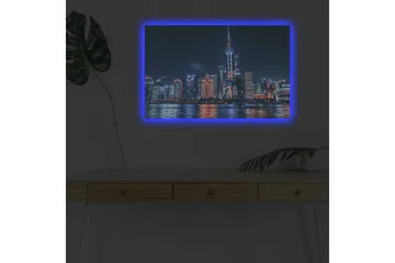 Canvastavla med LED-belysning - Nattlig stadsbild av Shanghai med ljusa skyskrapor och reflektioner i vattnet - Mörkblå / Orange / Vit - Inredning - Tavlor & posters - Canvastavla