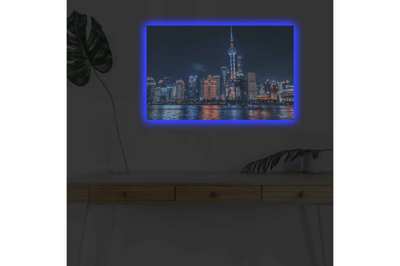 Canvastavla med LED-belysning - Nattlig stadsbild av Shanghai med ljusa skyskrapor och reflektioner i vattnet - Mörkblå / Orange / Vit - Inredning - Tavlor & posters - Canvastavla
