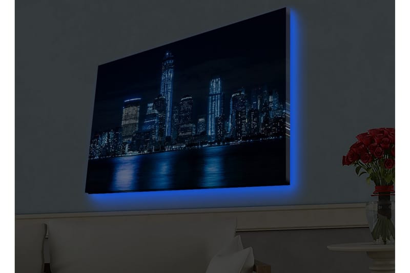 Canvastavla med LED-belysning - Nattlig stadsbild med upplysta skyskrapor - Mörkblå / Svart / Ljusblå - Inredning - Tavlor & posters - Canvastavla