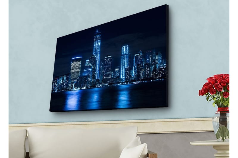 Canvastavla med LED-belysning - Nattlig stadsbild med upplysta skyskrapor - Mörkblå / Svart / Ljusblå - Inredning - Tavlor & posters - Canvastavla