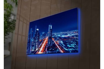 Canvastavla med LED-belysning - Nattlig stadssilhuett med upplysta skyskrapor - Mörkblå / Ljusorange / Vit - Inredning - Tavlor & posters - Canvastavla