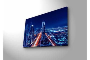 Canvastavla med LED-belysning - Nattlig stadssilhuett med upplysta skyskrapor - Mörkblå / Ljusorange / Vit - Inredning - Tavlor & posters - Canvastavla
