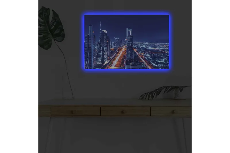 Canvastavla med LED-belysning - Nattlig stadssilhuett med upplysta skyskrapor - Mörkblå / Ljusorange / Vit - Inredning - Tavlor & posters - Canvastavla