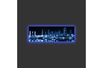 Canvastavla med LED-belysning - Nattlig stadssilhuett med upplysta skyskrapor - Mörkblå / Svart / Vit - Inredning - Tavlor & posters - Canvastavla