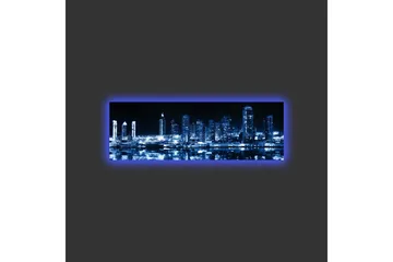 Canvastavla med LED-belysning - Nattlig stadssilhuett med upplysta skyskrapor - Mörkblå / Svart / Vit - Inredning - Tavlor & posters - Canvastavla