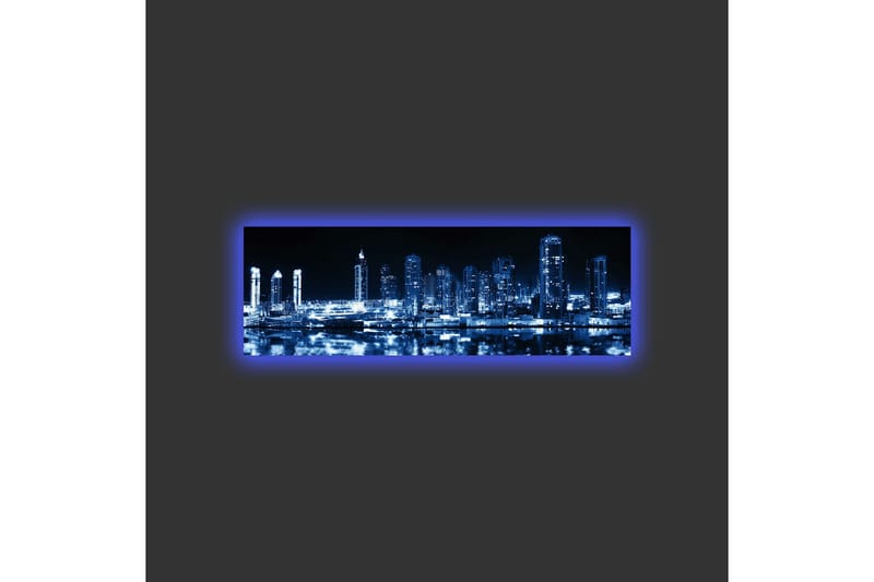 Canvastavla med LED-belysning - Nattlig stadssilhuett med upplysta skyskrapor - Mörkblå / Svart / Vit - Inredning - Tavlor & posters - Canvastavla
