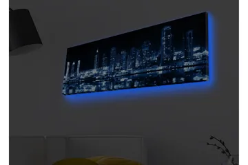Canvastavla med LED-belysning - Nattlig stadssilhuett med upplysta skyskrapor - Mörkblå / Svart / Vit - Inredning - Tavlor & posters - Canvastavla