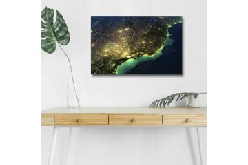 Canvastavla med LED-belysning - Nattlig vy av en stad med ljus och hav - Mörkblå / Grön / Gul - Inredning - Tavlor & posters - Canvastavla