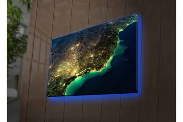 Canvastavla med LED-belysning - Nattlig vy av en stad med ljus och hav - Mörkblå / Grön / Gul - Inredning - Tavlor & posters - Canvastavla