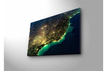 Canvastavla med LED-belysning - Nattlig vy av en stad med ljus och hav - Mörkblå / Grön / Gul - Inredning - Tavlor & posters - Canvastavla