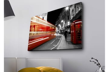 Canvastavla med LED-belysning - Röd buss i rörelse på en svartvit stadsgata - Röd / Svart / Grå - Inredning - Tavlor & posters - Canvastavla