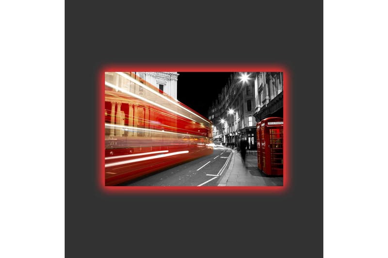 Canvastavla med LED-belysning - Röd buss i rörelse på en svartvit stadsgata - Röd / Svart / Grå - Inredning - Tavlor & posters - Canvastavla