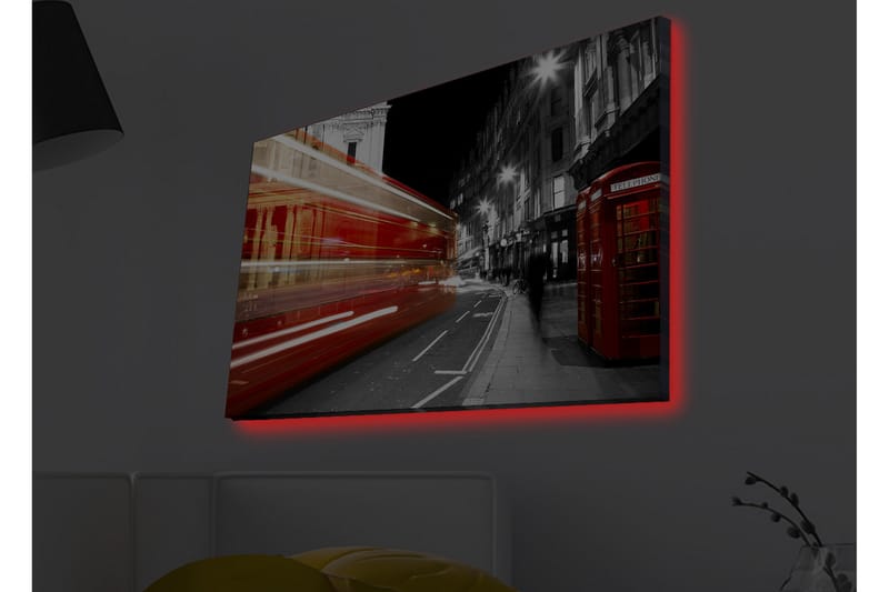 Canvastavla med LED-belysning - Röd buss i rörelse på en svartvit stadsgata - Röd / Svart / Grå - Inredning - Tavlor & posters - Canvastavla