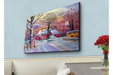 Canvastavla med LED-belysning - Röd stuga omgiven av snöklädda träd och en vinterlandskap - Röd / Vit / Lila - Inredning - Tavlor & posters - Canvastavla