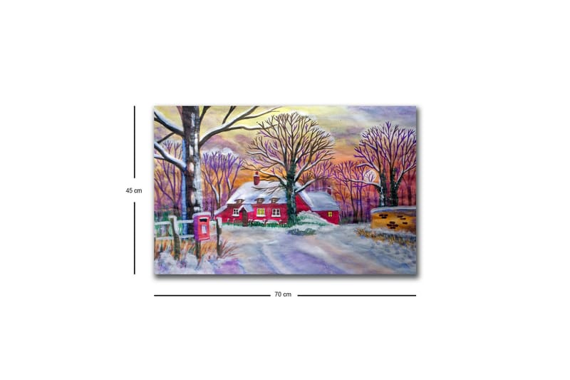 Canvastavla med LED-belysning - Röd stuga omgiven av snöklädda träd och en vinterlandskap - Röd / Vit / Lila - Inredning - Tavlor & posters - Canvastavla