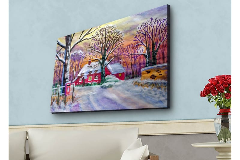 Canvastavla med LED-belysning - Röd stuga omgiven av snöklädda träd och en vinterlandskap - Röd / Vit / Lila - Inredning - Tavlor & posters - Canvastavla