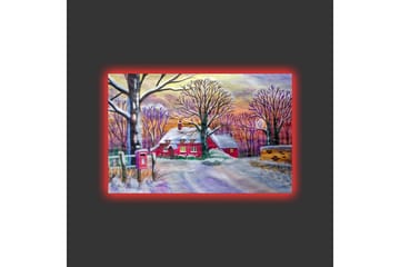 Canvastavla med LED-belysning - Röd stuga omgiven av snöklädda träd och en vinterlandskap - Röd / Vit / Lila - Inredning - Tavlor & posters - Canvastavla