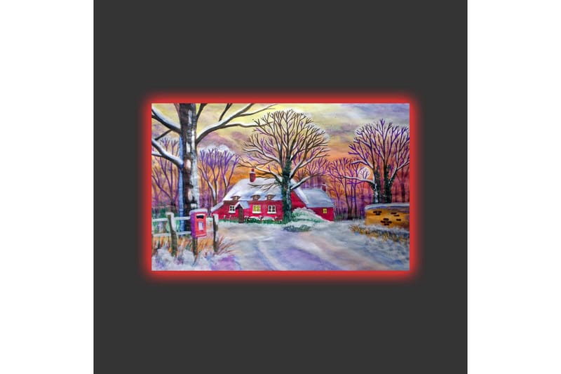 Canvastavla med LED-belysning - Röd stuga omgiven av snöklädda träd och en vinterlandskap - Röd / Vit / Lila - Inredning - Tavlor & posters - Canvastavla