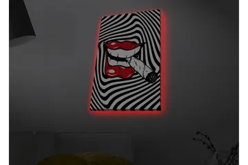 Canvastavla med LED-belysning - Röda läppar med en cigarett i munnen mot en svartvit spiralbakgrund - Röd / Svart / Vit - Inredning - Tavlor & posters - Canvastavla