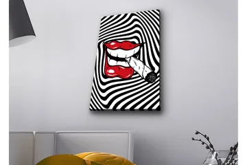 Canvastavla med LED-belysning - Röda läppar med en cigarett i munnen mot en svartvit spiralbakgrund - Röd / Svart / Vit - Inredning - Tavlor & posters - Canvastavla