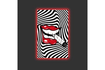 Canvastavla med LED-belysning - Röda läppar med en cigarett i munnen mot en svartvit spiralbakgrund - Röd / Svart / Vit - Inredning - Tavlor & posters - Canvastavla