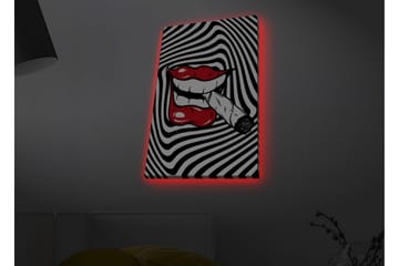 Canvastavla med LED-belysning - Röda läppar med en cigarett i munnen mot en svartvit spiralbakgrund - Röd / Svart / Vit - Inredning - Tavlor & posters - Canvastavla