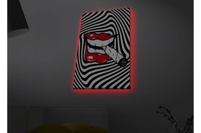 Canvastavla med LED-belysning - Röda läppar med en cigarett i munnen mot en svartvit spiralbakgrund - Röd / Svart / Vit - Inredning - Tavlor & posters - Canvastavla