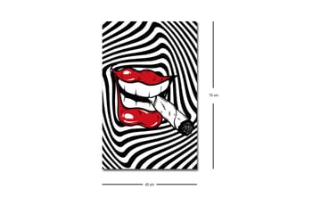 Canvastavla med LED-belysning - Röda läppar med en cigarett i munnen mot en svartvit spiralbakgrund - Röd / Svart / Vit - Inredning - Tavlor & posters - Canvastavla