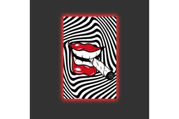 Canvastavla med LED-belysning - Röda läppar med en cigarett i munnen mot en svartvit spiralbakgrund - Röd / Svart / Vit - Inredning - Tavlor & posters - Canvastavla