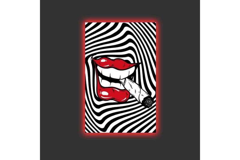 Canvastavla med LED-belysning - Röda läppar med en cigarett i munnen mot en svartvit spiralbakgrund - Röd / Svart / Vit - Inredning - Tavlor & posters - Canvastavla