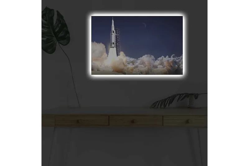 Canvastavla med LED-belysning - Raket som lyfter mot rymden omgiven av moln av rök - Mörkblå / Vit / Grå - Inredning - Tavlor & posters - Canvastavla
