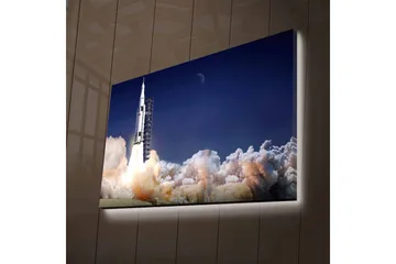 Canvastavla med LED-belysning - Raket som lyfter mot rymden omgiven av moln av rök - Mörkblå / Vit / Grå - Inredning - Tavlor & posters - Canvastavla