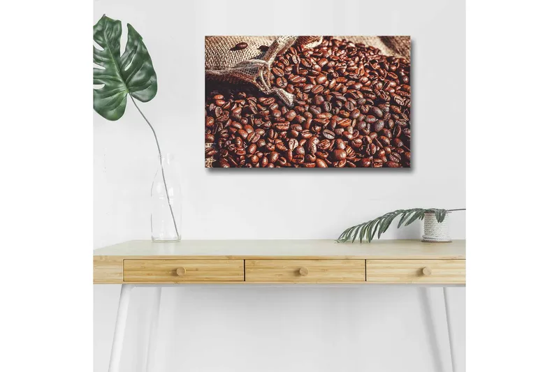 Canvastavla med LED-belysning - Rika kaffebönor i en naturlig miljö, Mörkbrun / Ljusbrun